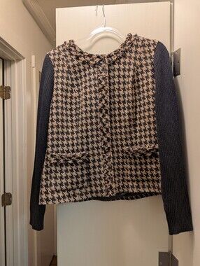 CAbi Houndstooth Knit-Sleeve Jacket in Black & Tan Size 12